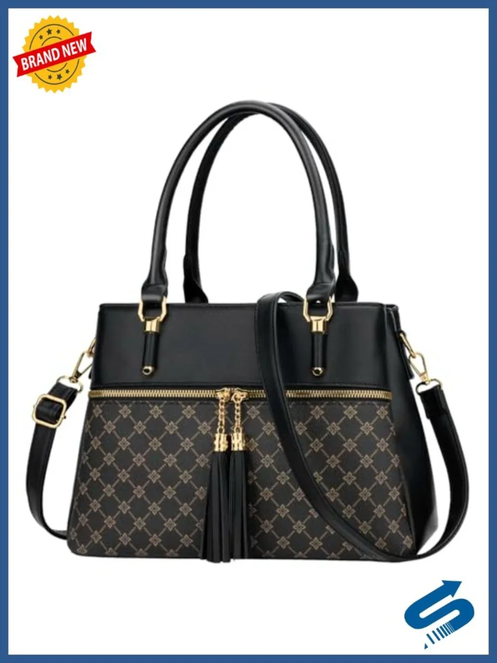 Vegan PU Leather Satchel Handbag Crossbody 3 Compartments Zipper